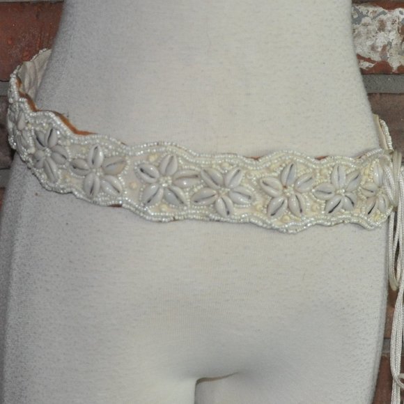 Ivory Coastal Hippie Hip Hugger Real Shell, Hand Beaded Belt w/Ties Wearable Art - Picture 1 of 3